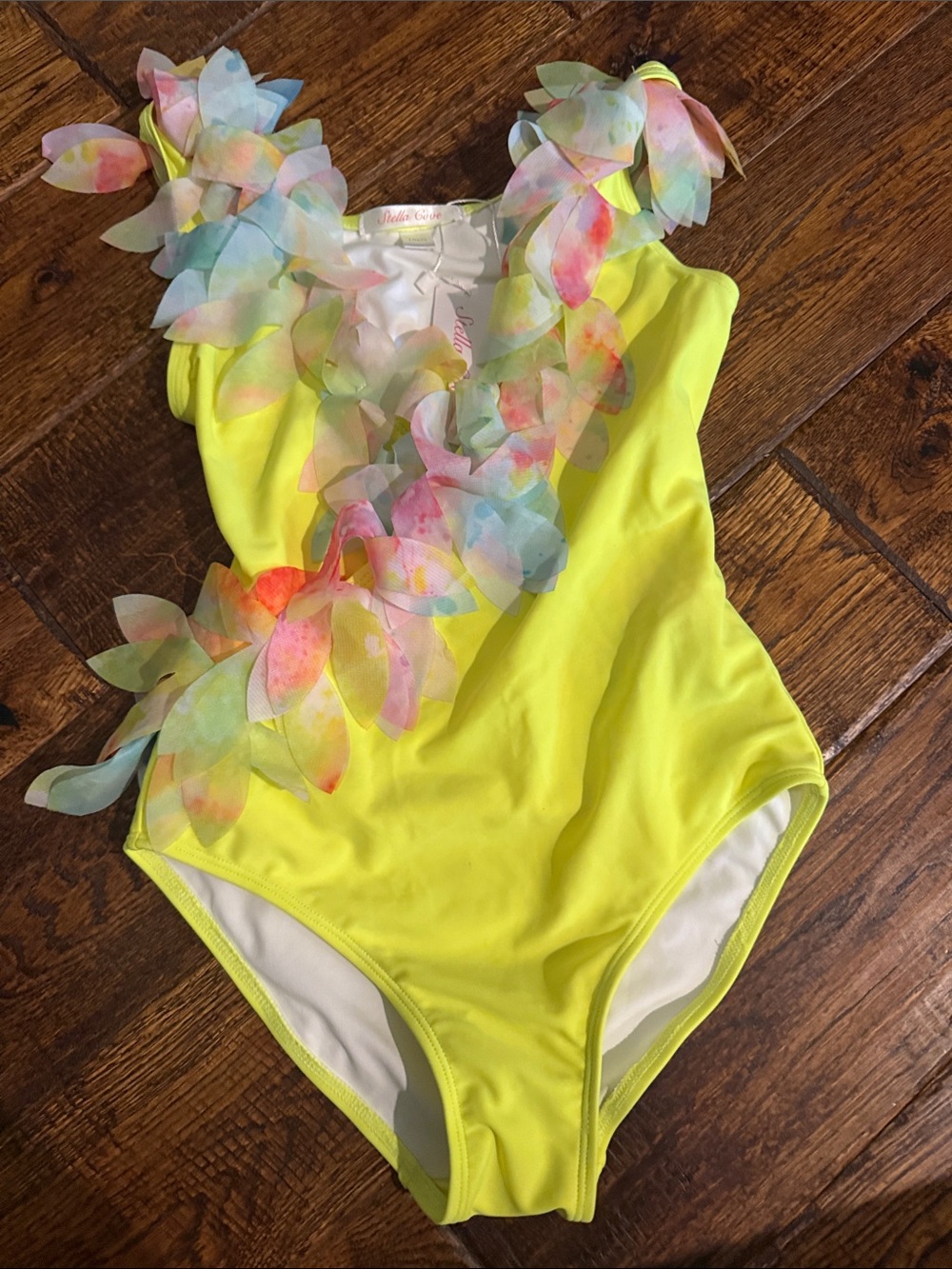 Stella Cove Neon Yellow Floral-Appliqué One-Piece